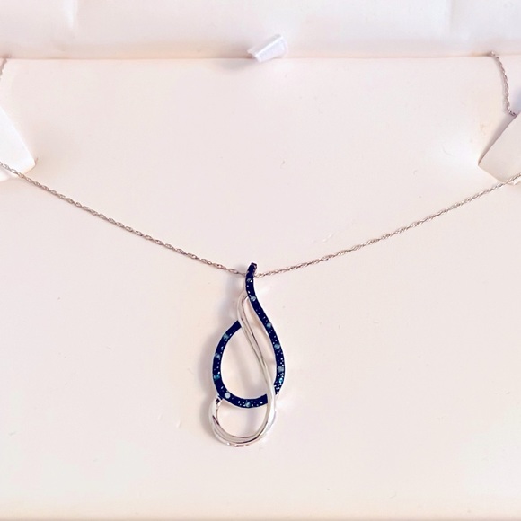 Blue diamonds and sterling silver double swirl teardrop pendant on 9 inch chain - Picture 1 of 5